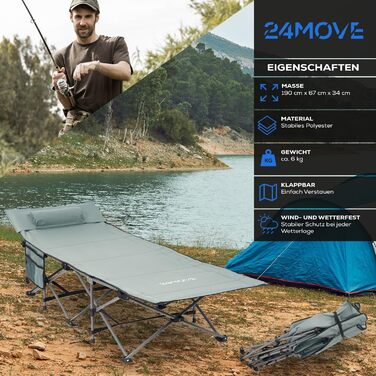 Розкладне ліжко-диван 24MOVE® для кемпінгу та відпочинку на природі, сіре, 190 x 67 x 34 см, до 150 кг