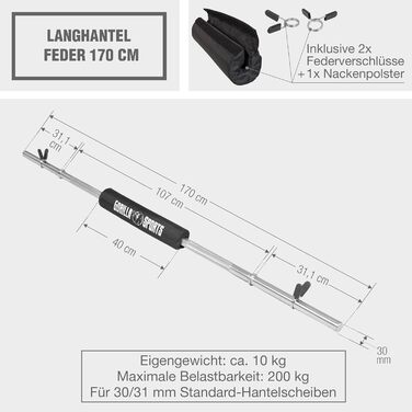 Олімпійський гриф GORILLA SPORTS 170 см з подушкою для шиї, 200 кг, хромований, насічка, діаметр 30 мм, з гвинтовими і пружинними замками — штанга для силових тренувань