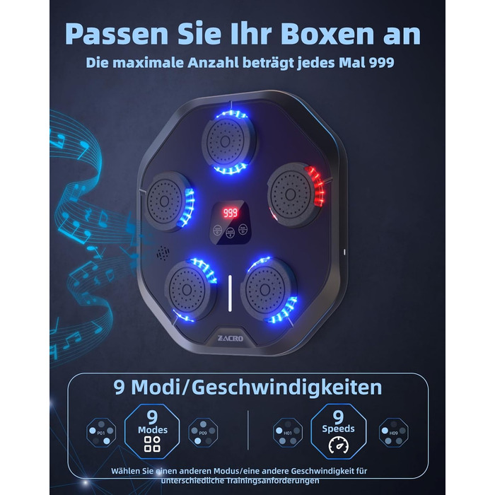 Музична боксмашина Zacro з LED-підсвіткою, розумна боксмашина, настінна, 9 режимів/швидкостей, з рукавичками та повязкою, чорна