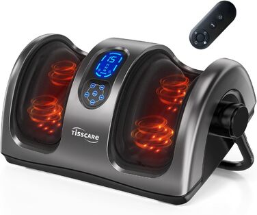 Електричний масажер для ніг TISSCARE Shiatsu з підігрівом, розминанням, роликами та натисканням, 360° регульована ручка, для зняття болю, сірий