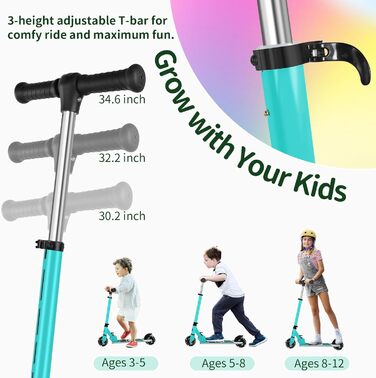 Белеїв V2 Роликовий Самокат для Дітей 6 років, з LED-підсвічуванням, регульована висота, гальма, для дівчаток та хлопчиків 3-12 років (Аква)