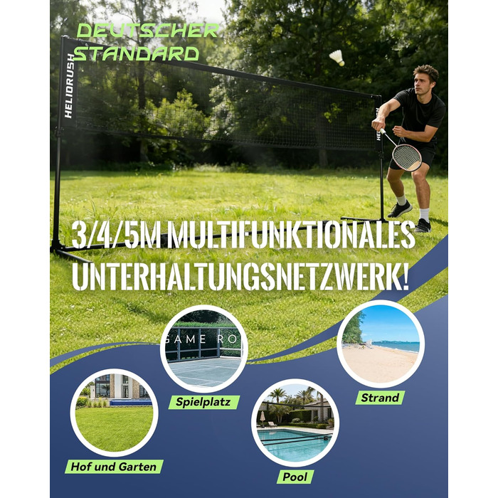 Мережа для бадмінтону та волейболу, регульована висота 3/4/5м, сталевий каркас, HDPE, для саду, пляжу, басейну, дітей та дорослих, 500 см, чорна