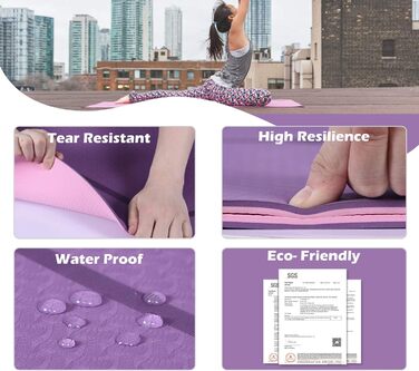 Килимок для йоги Marjar з неслизьким покриттям, фітнес-килимок для занять гімнастикою та йогою, TPE, з ручкою для перенесення, 183x61x0.6/0.8/1 см, фіолетовий & рожевий