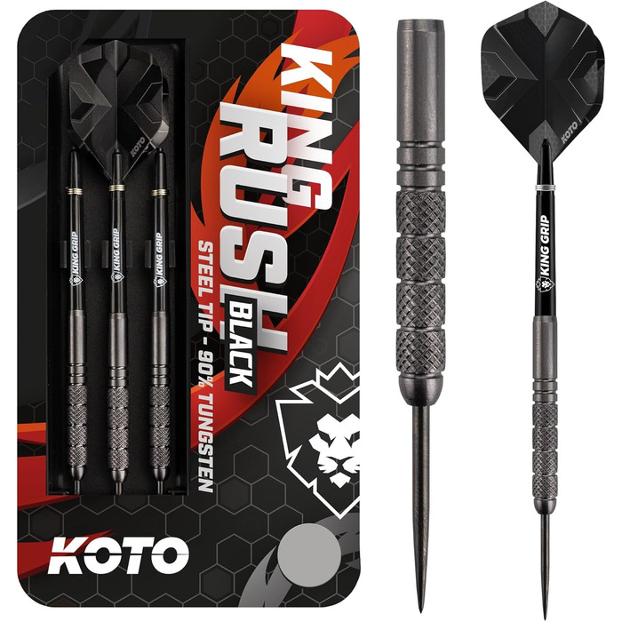 Дротики KOTO King Rush Black 90% вольфраму, чорні, комплект з 3 дротиків, 2 набори оперень і стержнів, чохол, з рифленою поверхнею