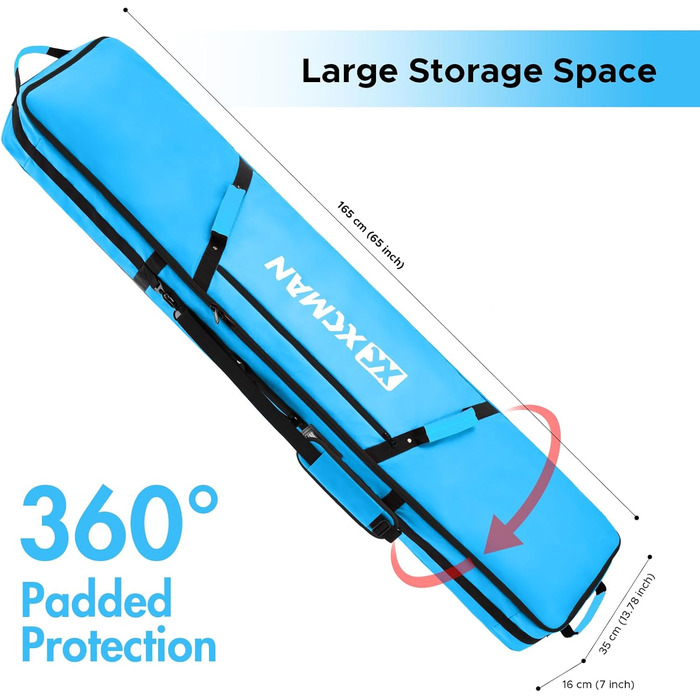 Чохол для сноуборду XCMAN для подорожей літаком – повністю ущільнений, водонепроникний, для сноуборду та черевиків (Синій, 165см)