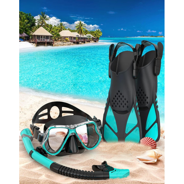 Набір для снорклінгу Zenoplige для дорослих: маска, трубка та ласти. Чорний з зеленим (2023) S/M