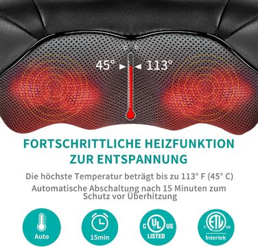 Масажер для шиї та спини Nekteck Shiatsu з підігрівом, електричний 3D масажне подушка для глибокого розминання м'язів плечей, ніг і спини, для зняття болю, для дому, офісу та авто, чорний