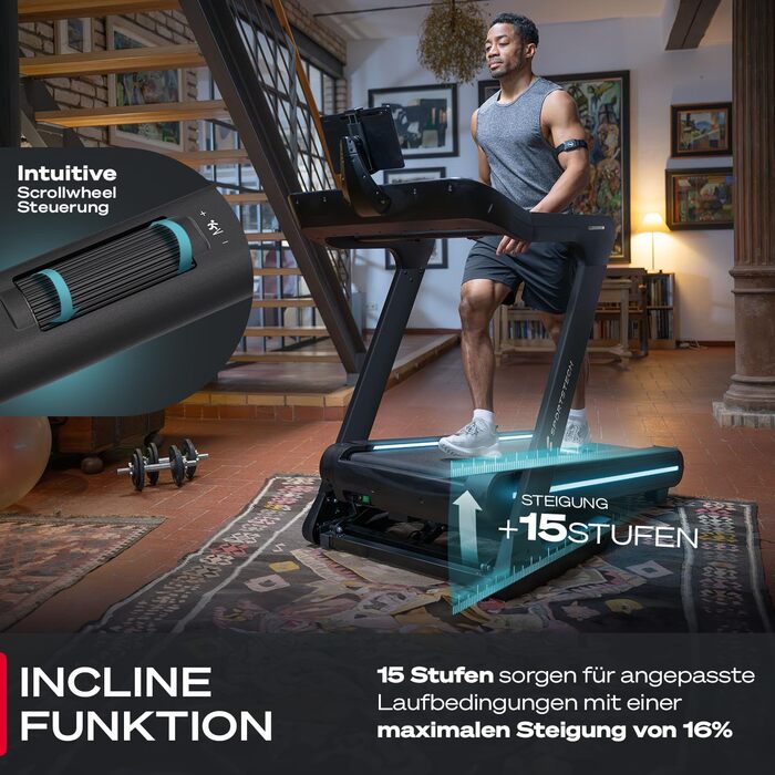 Біговий тренажер Sportstech sTread Lite: складаний, до 20 км/год, 12% нахил, 150 кг, LED, сумісний з APP, тихий 7PS мотор, велика площа для бігу