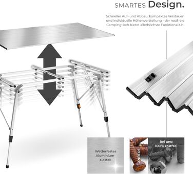 Стіл для кемпінгу Tectake®: розкладний, алюміній, велика стільниця 120x70.5 см, регульована висота, водостійкий, з сумкою