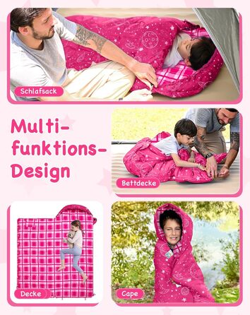 Спальний мішок KingCamp для дітей, фланелевий, легкий, водонепроникний, компактний, зимовий, 4 сезони, для кемпінгу, підходить для дітей до 140 см, комфортна температура: 7°C, рожевий, регульована довжина