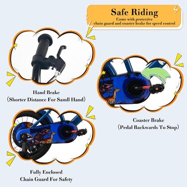 Дитяче велосипед RULLY Динозавр для хлопчиків 2-7 років, 12/14/16 дюймів, BMX, з додатковими колесами, блакитний