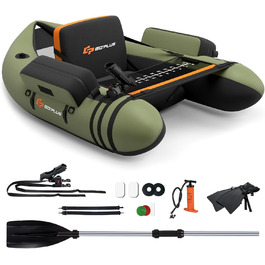 Надувне рибальське човен FANTASK з насосом, веслами та ременями, bellyboat для дорослих, 150 кг, зелений, 135 x 109 x 54 см