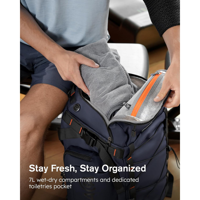 Спортивна сумка-рюкзак Tolaccea для чоловіків та жінок – велика дорожня сумка з відділенням для взуття, мокрою білизною та ноутбуком (15,6') – водонепроникна сумка-мішок для відпочинку, фітнесу, спорту та подорожей (Темно-синій, 40L)