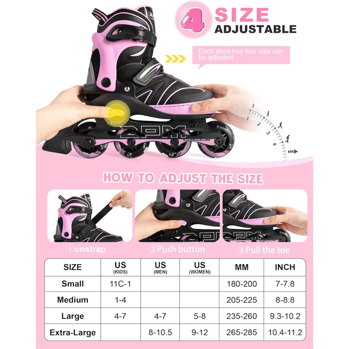Дитячі ролики 2PM SPORTS з регульованим розміром для дівчаток та хлопчиків, ролери з колесами 82A PU, зелені (рожеві), розмір L (EU 37.5-41)