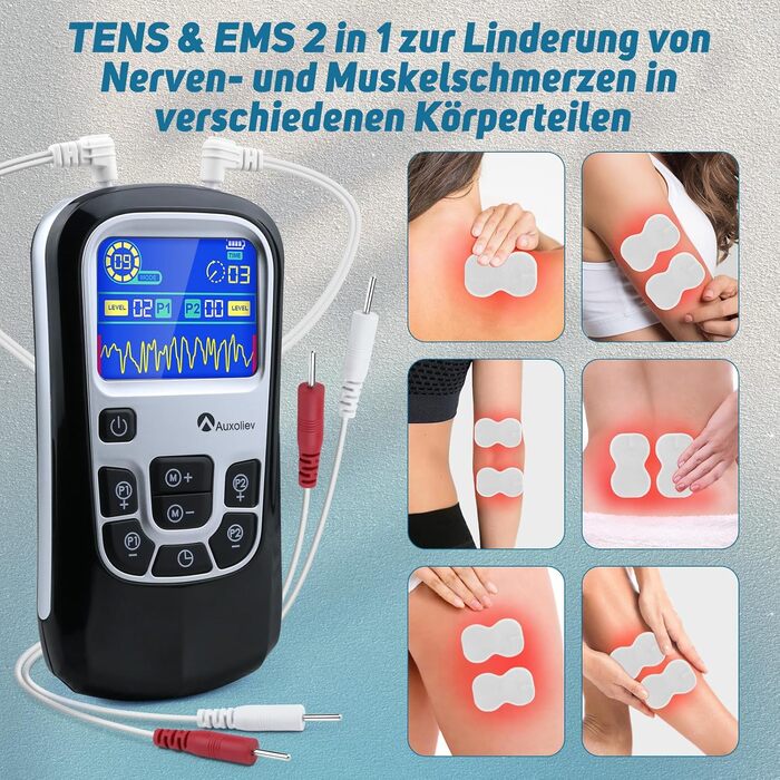 Пристрій TENS для терапії болю, EMS, 2 канали, 25 режимів, 50 рівнів інтенсивності, 10 електродів (чорний)