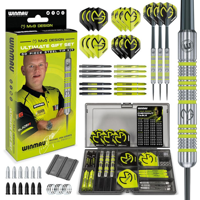 WINMAU Michael Van Gerwen (MvG) подарунковий набір для дартсу, 50 предметів, сталевий наконечник, 4 комплекти стрижнів, 4 комплекти оперень та аксесуари