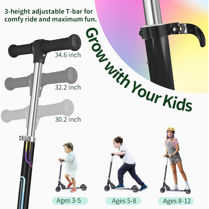 Белеїв V2 Роликовий Самокат для дітей 3-12 років з LED-підсвічуванням, регульованою висотою та заднім гальмом, складний, чорний