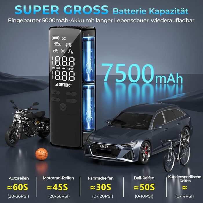 AGPTEK електричний насос-компресор 150PSI 75000mAh 12В з LCD-дисплеєм, LED-підсвіткою, для шин авто, велосипедів, мотоциклів і м'ячів