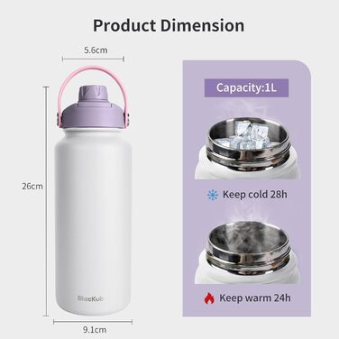 Термос-бутилка Blackube з нержавіючої сталі 1 л, BPA-Free, не протікає, металева пляшка для води, пряме пиття, Lilac Whisper
