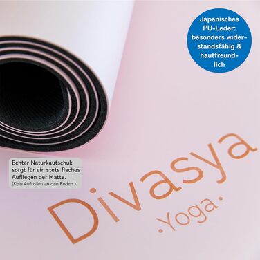 Преміум йога-мат DIVASYA, нековзкий, натуральний каучук, професійне японське покриття, 185x68x0,45 см, ремінець, 4,5 мм, без шкідливих речовин, пастельно-рожевий