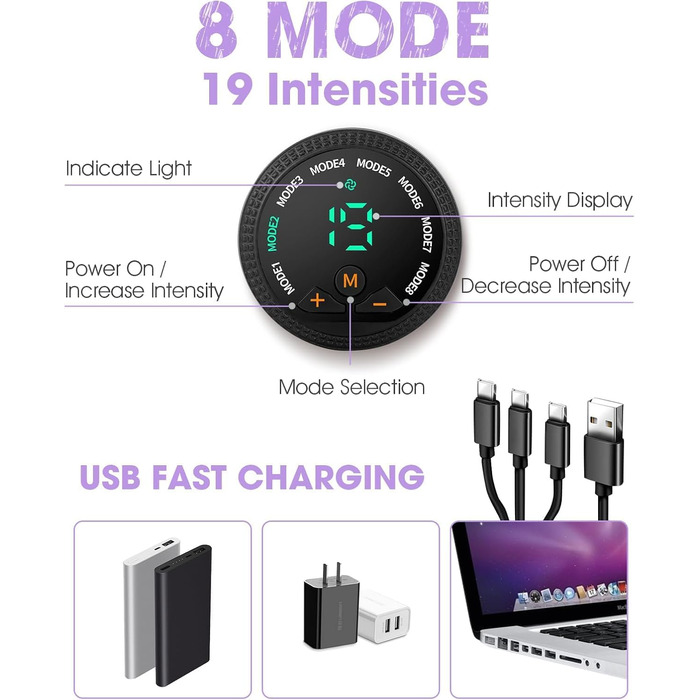 Електричний тренажер для пресу EMS, Мультитренажер для тіла з USB-зарядкою, 8 режимів та 19 рівнів інтенсивності, для жінок та чоловіків (Рожево-фіолетовий)