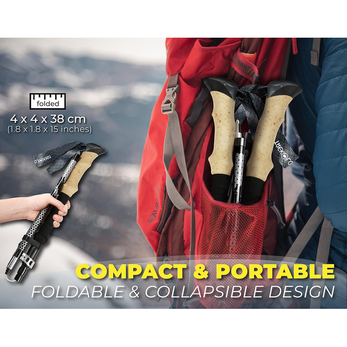 Телескопічна тростина Trekology Trek-Z 2.0, алюмінієва, легка, складана, з корковою ручкою, 100-120 см, для туризму, трекінгу, для людей похилого віку, чорна