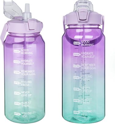 DEARRAY 2л пляшка для води Tritan з трубочкою, тайм-маркуванням, мотиваційна, BPA-free, спортивна, для фітнесу, тренажерного залу, походів, прозора, лілова/зелена