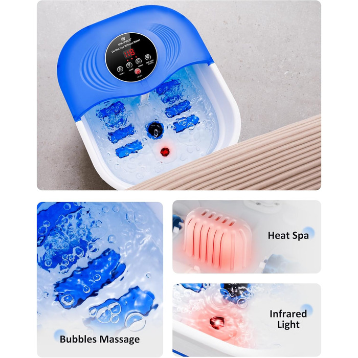 Ванночка для ніг з масажем та підігрівом, таймером – складана ванночка з бульбашками та пемзою, масажер для ніг з водою та 8 роликів – ідеальний подарунок (Блакитний)