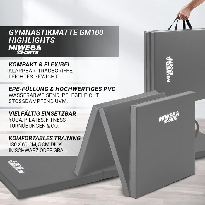 Гімнастичний мат Miweba Sports GM100, складаний, 180x60x5 см, протиковзкий, для фітнесу, йоги, спорту, сірий