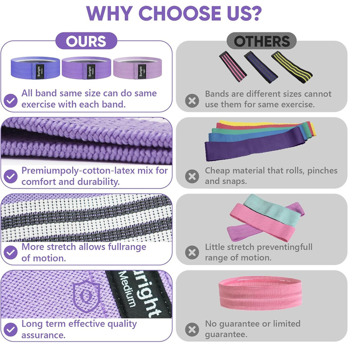 Стрічки для фітнесу Widerstandsbänder [3 шт.] для сідниць та стегон, антиковзкі фітнес-гумки для жінок/чоловіків, силові тренування, йога, пілатес, фітнес (світло-фіолетовий, фіолетовий, темно-фіолетовий)