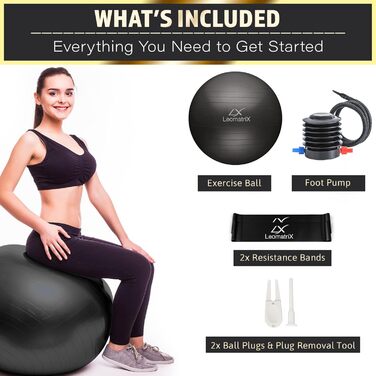 Фітбол LeomatriX 55 см з фітнес-гумками та насосом | Ергономний, компактний, міцний | для офісу, йоги, фітнесу, пілатесу, Pezzi Ball, вагітності