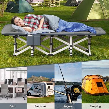 Кемпінгове ліжко Caliyo, розкладне, для відпочинку та гостей, 190x68x40 см, з сумкою для зберігання, сірого кольору