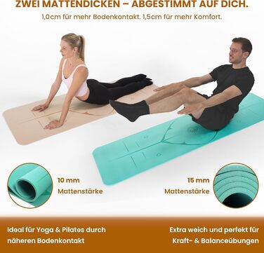 Йога мат для занять йогою, пілатесом та силовим тренуванням - німецької розробки, з неслизькою поверхнею та захистом суглобів, 2 товщини (1,0 та 1,5 см), м'яка спортивна килимок для гімнастики, туркіс