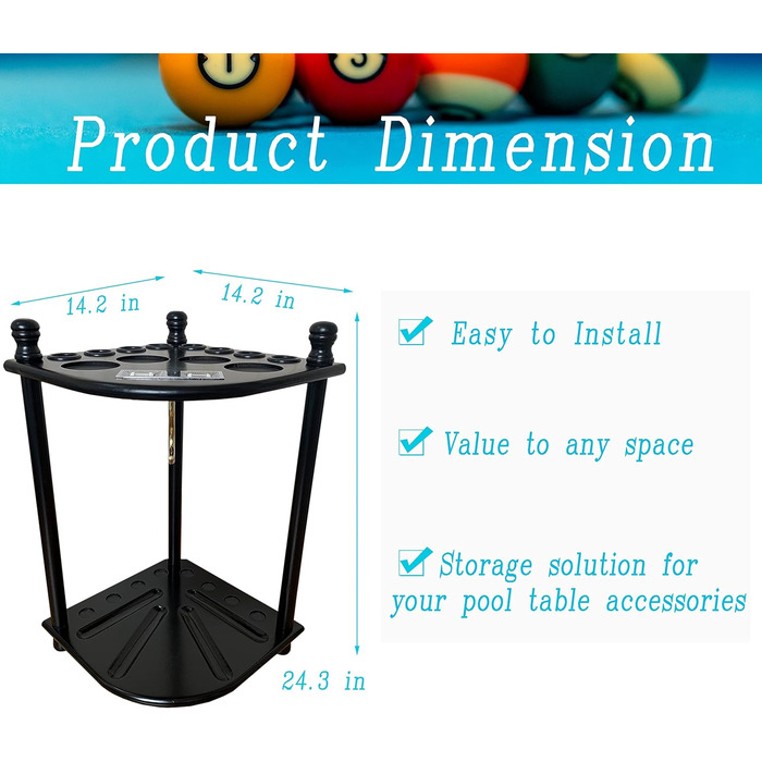 Підставка для київ для більярду на підлозі для 8 київ та аксесуарів, дерев'яна, кутова, з гачками та табло (чорний торс)