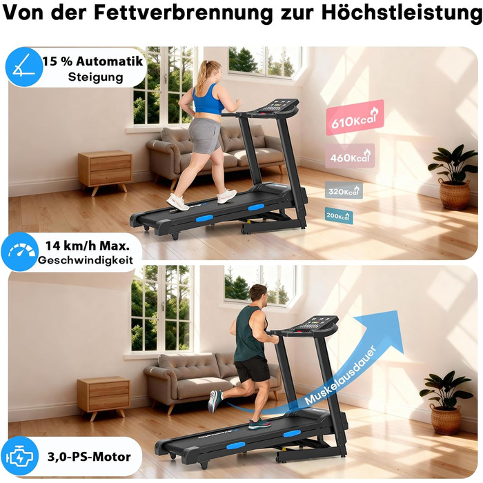 Бігова доріжка для дому складний з автоматичним нахилом, Walking Pad 14KM/H, біговий доріжка з 3.0-PS двигуном, 12 попередньо встановлених програм та фітнес-додаток, обладнання для фітнесу, вантажопідйомність 160Kg, чорний