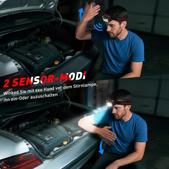 Ліхтар на лоб LED Winzwon, перезаряджуваний, 8 режимів, датчик, для риболовлі, кемпінгу, невідкладних ситуацій (для дорослих та дітей)