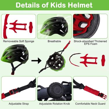 Дитячий шолом Kinderhelm для велосипеда, 3-8 років, регульований, захист для дівчаток, комплект наколінників (зелений/чорний)