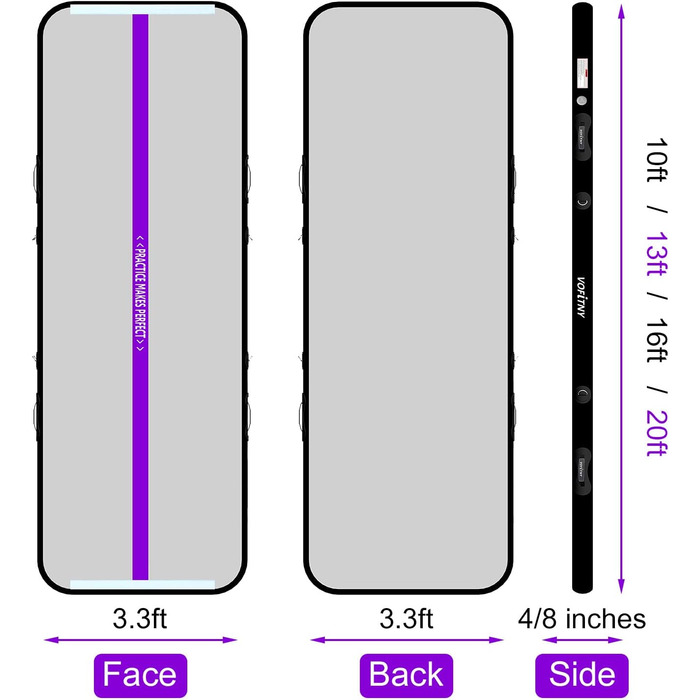 Гімнастичний надувний мат VOFiTNY товщиною 10/20 см для дому, парку та води. Розміри: 3/4/5/6 м. Підходить для йоги, акробатики та тренувань. Кольори: фіолетовий/чорний