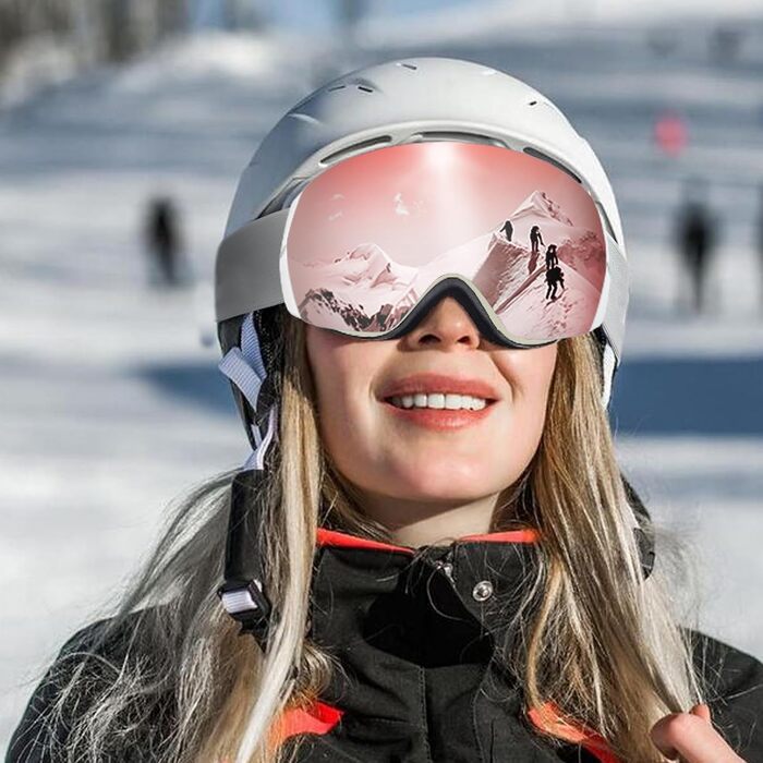 Гірськолижна маска CARFIA для носіїв окулярів, снігові окуляри для лиж та сноуборду з захистом UV400 та антифогом, рожева лінза VLT 19%-42%, сірий ремінець