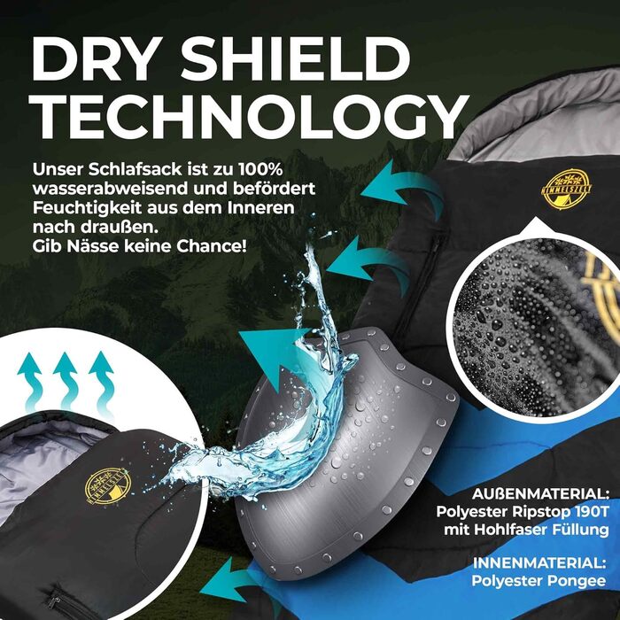 Спальний мішок HIMMELSZELT 4 сезони -5°C до +10°C, 220x85см, водонепроникний, DRYSHIELD, для кемпінгу, туризму, риболовлі, чорно-синій