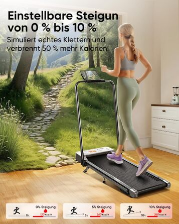 Біговий тренажер 6 в 1 для дому, складний, з регулюванням нахилу 10% та ручками. Макс. вантажність 135 кг, LED-дисплей, пульт дистанційного керування та додаток. Чорний та сірий.