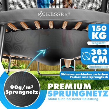 Трамплін KESSER® Outdoor Ø 244/305/366/427 см з сертифікатом GS, для дітей та дорослих (до 150 кг) з сіткою безпеки, сумкою, сходами, захисним бордюром та м'якими стійками сітки (Антрацит, Ø 427 см)