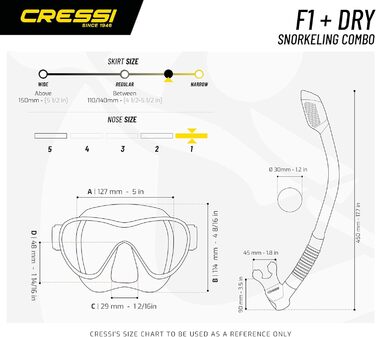 Маска для снорклінгу Cressi F1 (Рамка відсутня) + Трубка Dry - Комбо Набір для Дайвінгу та Снорклінгу, Унісекс, Прозора/Жовта