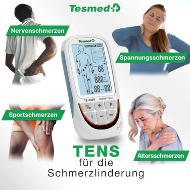 TESMED TE-880R Plus: Музелелектричний стимулятор TENS EMS, пристрій для зняття болю та масажу, 73 програми (2 налаштовуються), 8 електродів