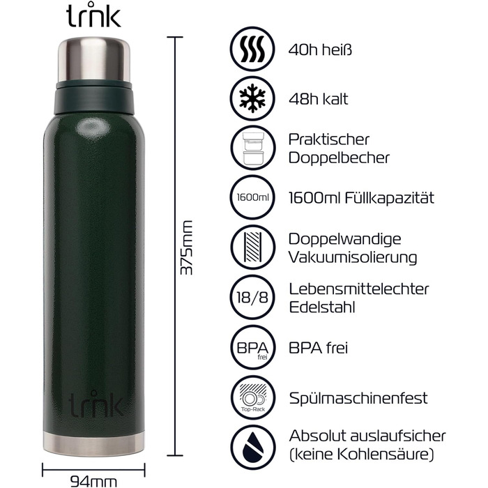Термос trnk Outdoor polar 2, 1600 мл, нержавіюча сталь, BPA-free, з 2 чашками, зберігає тепло 40 годин, для напоїв, зелений, для туризму, можна мити в посудомийній машині
