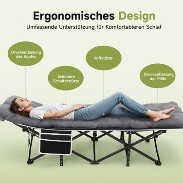 Ліжко-розкладачка Warmiehomy XXL з матрацом для дорослих, гостьове ліжко, широке, міцне, для кемпінгу, відпочинку, офісу, саду, сіре, з матрацом