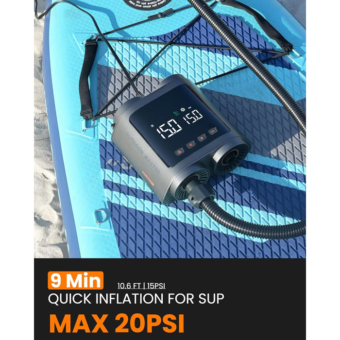 Електричний насос для SUP дошки OutdoorMaster Vortex: 20 PSI, 12V/15.8V, 8 насадок, для надування та здування, з автоматичним вимкненням та охолодженням