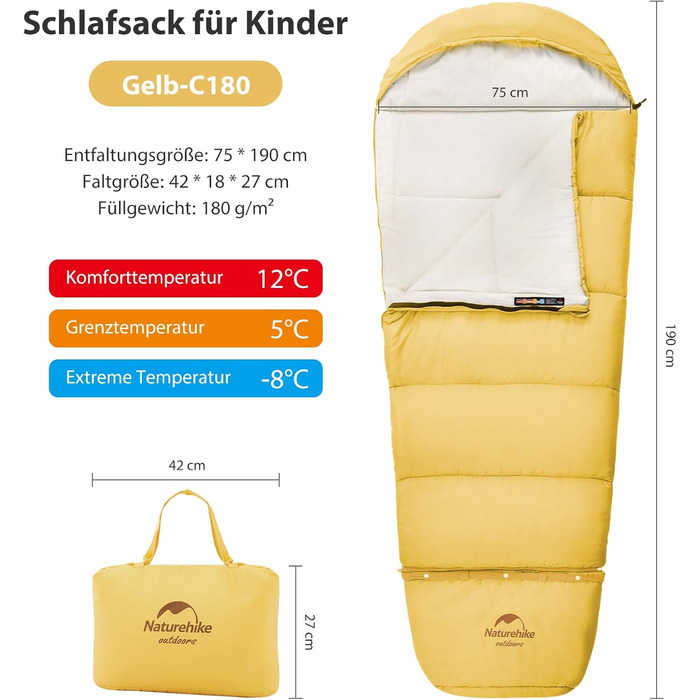 Дитячий спальний мішок Naturehike C100-Gelb для кемпінгу, подорожей, літа, весни, осені (бавовна)