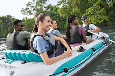 Надувний човен Bestway Hydro-Force Adventure Elite X5, 5-місний, з насосом, веслами, сидіннями, сумкою для спорядження, 364x166x45 см, бірюзово-сірий