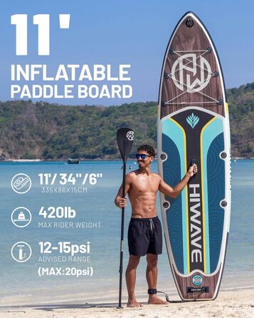 SUP дошка Hiwave надувна 380x86.4x15.2 см, до 158.8 кг, коричнева, з 3 регульованими веслами - для океану та озера